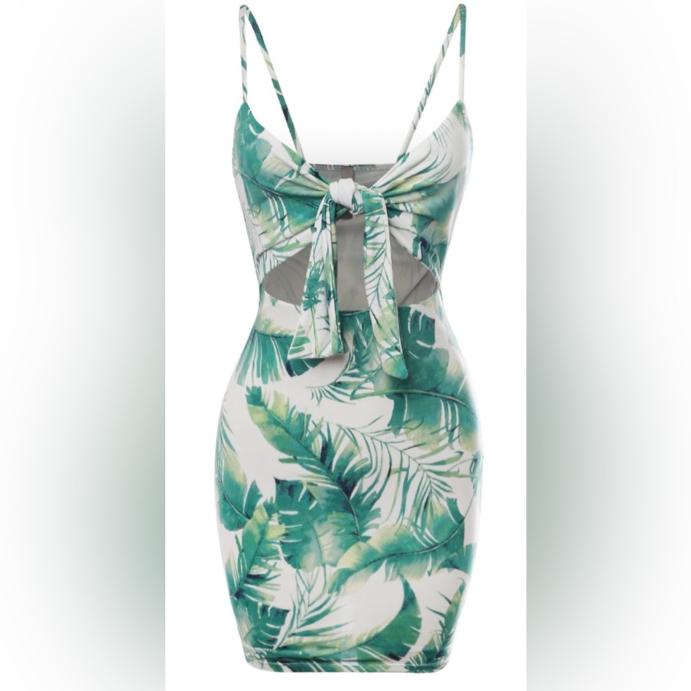 Green Patterned Tie Front Cut Out Dress